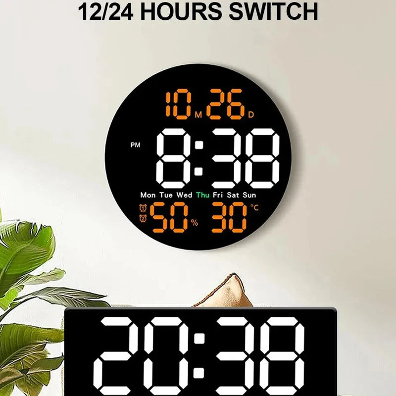 LED Wall Clock with Dual Alarms, Calendar, Temperature & Brightness Adjustable for Home