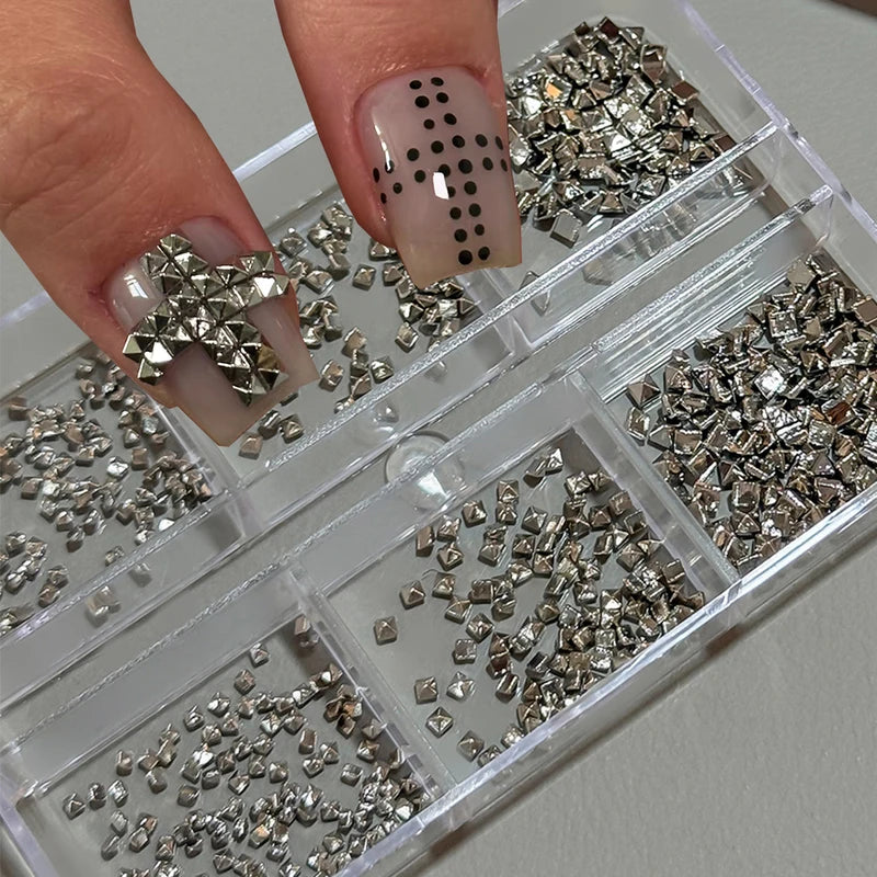 6-Grid Metal Rivets for Nail Art - Gold, Silver, Dark Grey, DIY Punk Accessories
