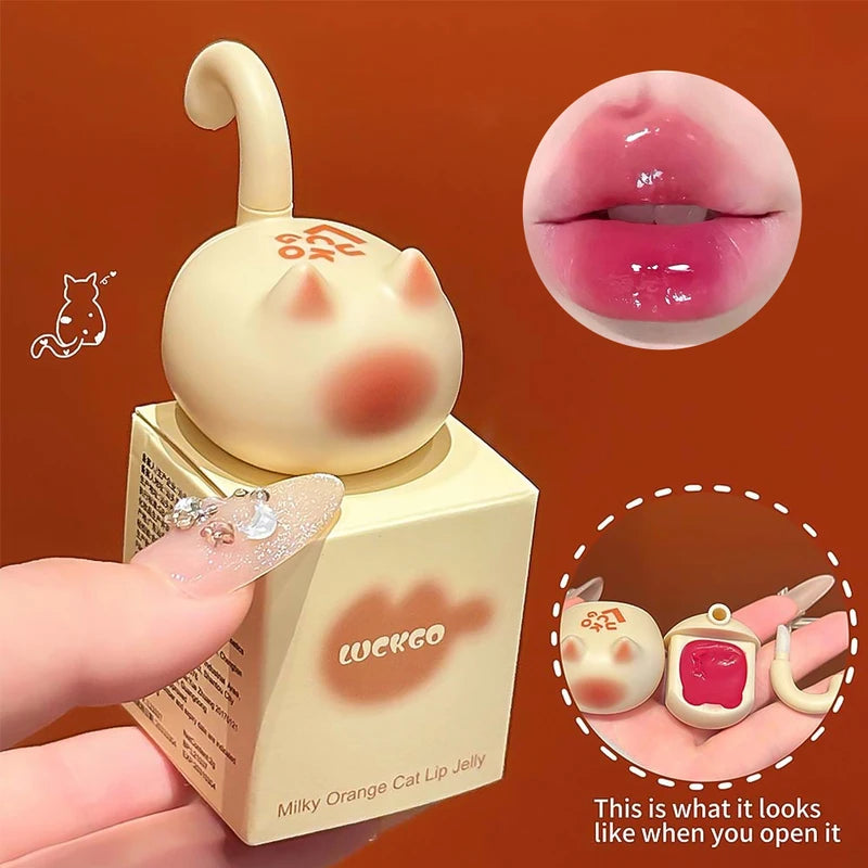 Cute Cat Shaped Mirror Lip Gloss with Brush - Clear Non-Stick Lip Balm