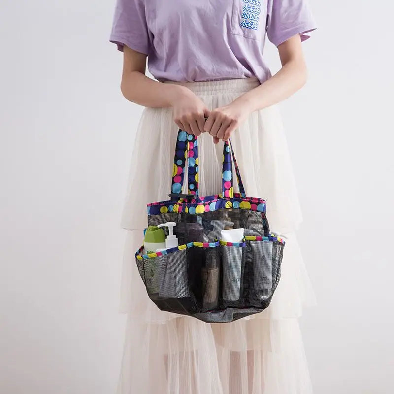 Mesh Shower Caddy Tote with 8 Pockets and Handles for Bathroom & College Use
