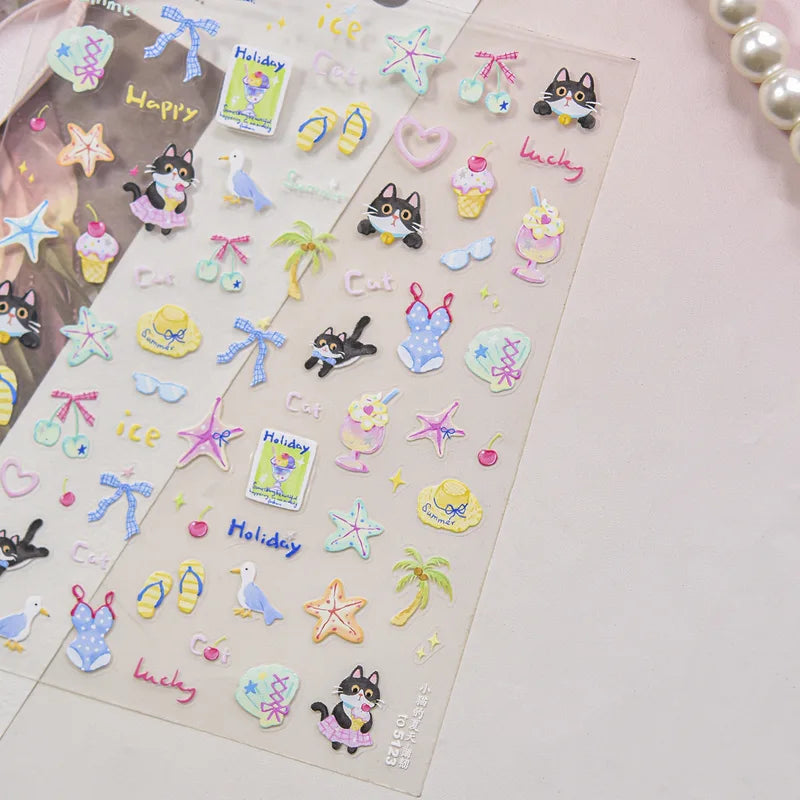 Cute Animal Face 5D Nail Art Stickers for DIY Manicure Decor - Kawaii Expressions
