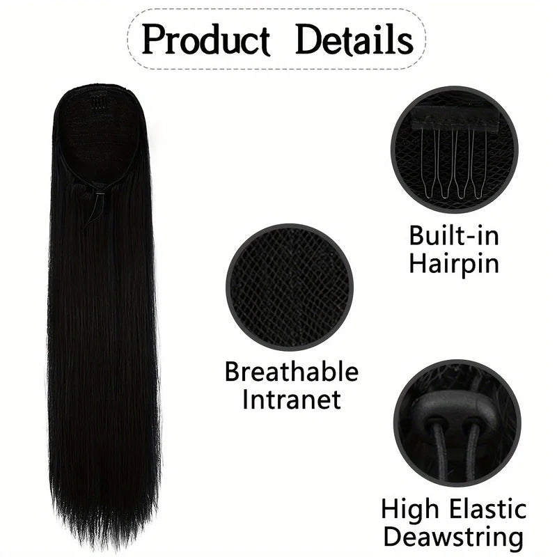 Long Straight Ponytail Hair Extension Synthetic Drawstring Heat-Resistant for Women