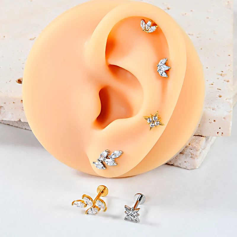 Piercing Labret Earring Flat Back Flower CZ Surgical Steel Tragus Helix Lobe Jewelry