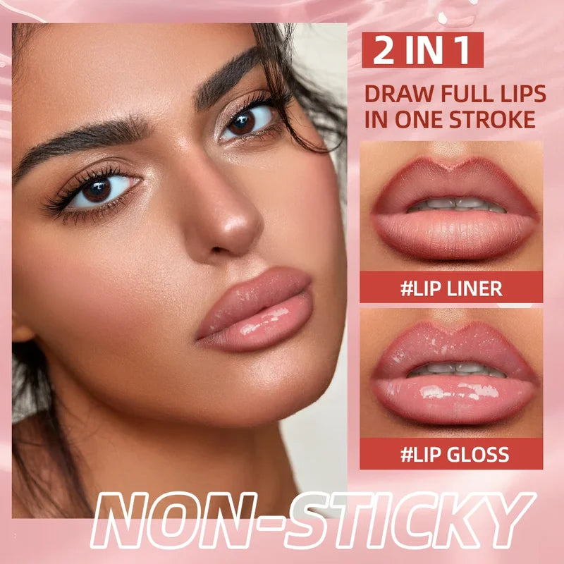 2-in-1 Lip Liner and Lip Gloss Set - Moisturizing, Natural & Sparkling Finish