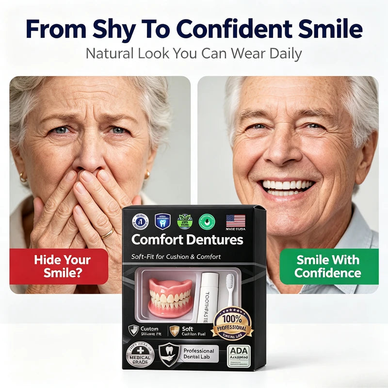 Moldable Silicone Denture Kit - Upper & Lower False Teeth with Free Toothbrush & Toothpaste, Natural Ivory, Color Variants