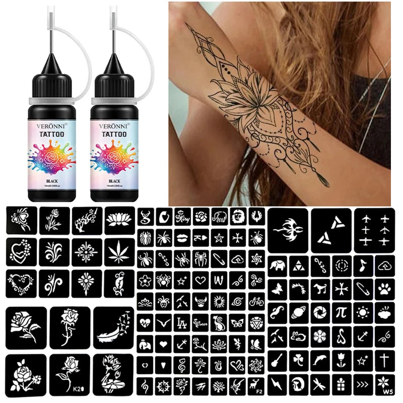 2PCS Temporary Tattoo Ink Kit with 120 Stencils - Waterproof Body Art Set