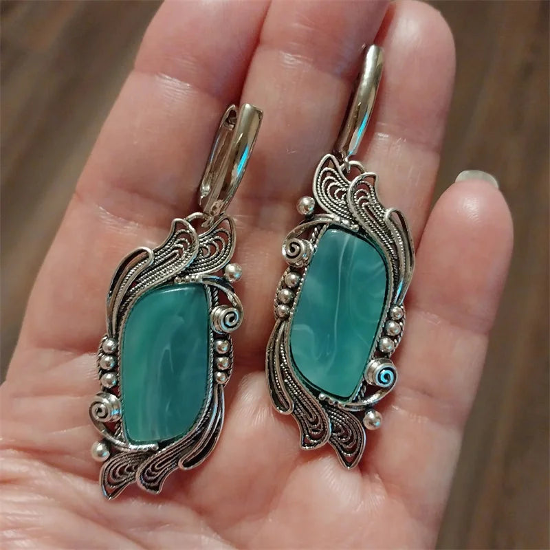 Vintage Green Stone Earrings Geometric Flower Silver Dangle Jewelry for Women