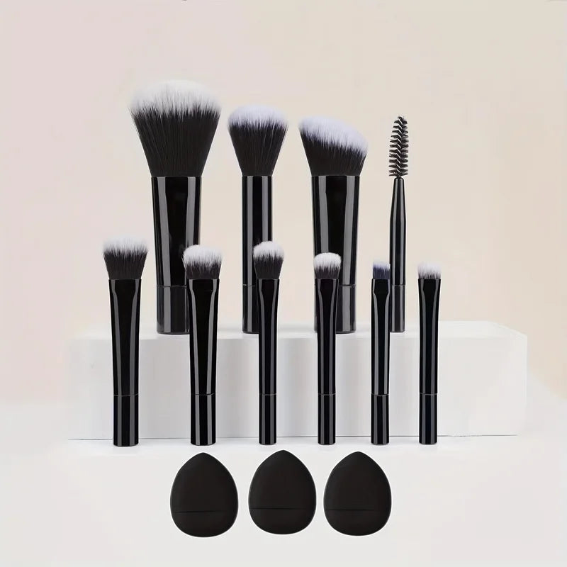 Mini Makeup Brush Set with Travel Size Puffs - Soft Bristles for Face & Eye Makeup