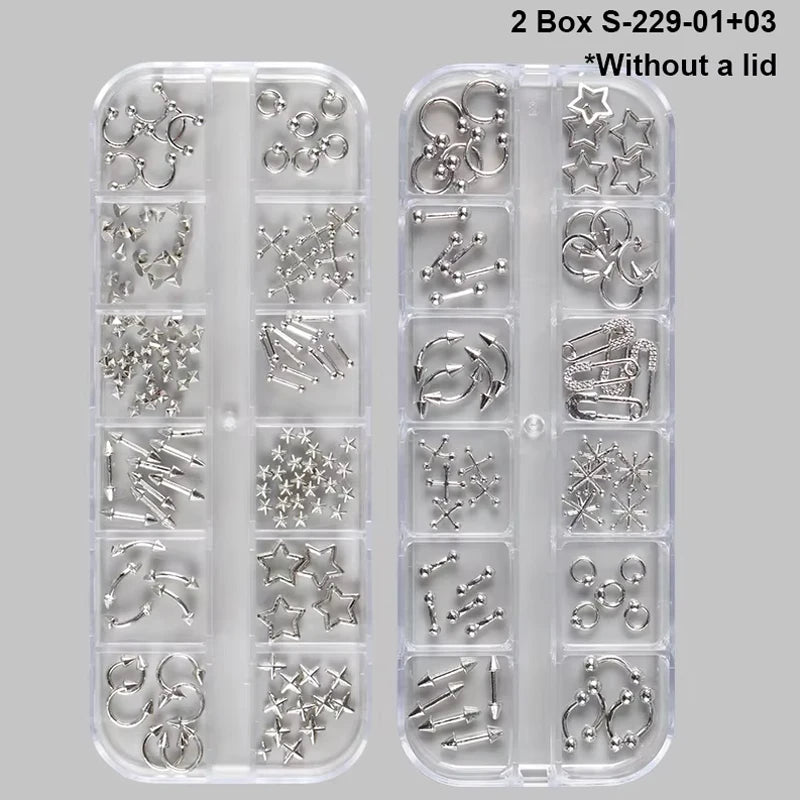 12-Grid Metallic Nail Charms Set - Punk Gothic 3D Studs & Rivets for Nails
