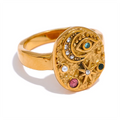Colorful CZ Star Moon Eye Charm Ring - Celestial Jewelry for Women