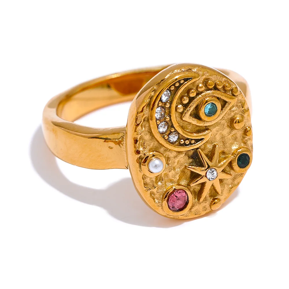 Colorful CZ Star Moon Eye Charm Ring - Celestial Jewelry for Women
