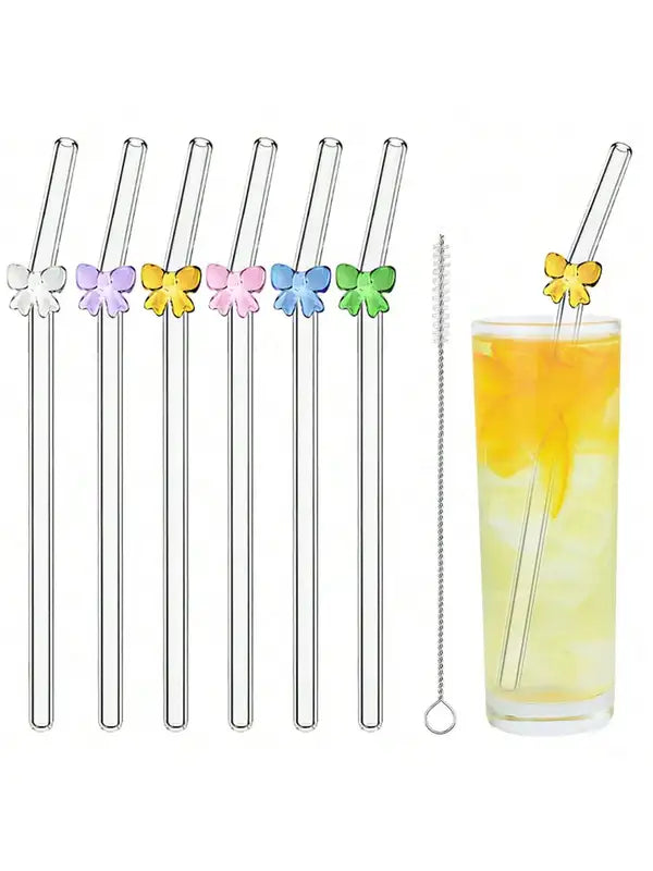 Reusable Glass Straw with Bow Design & Cleaning Brush - Set of 7 for Coffee, Smoothies, Drinks