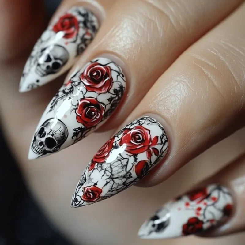 Halloween False Nails Set - Gothic Punk Coffin Shape with Rose Bat Ghost Print