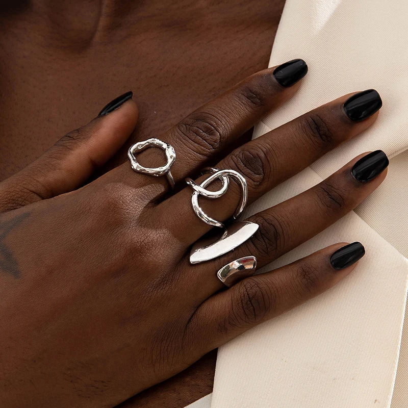 Trendy Geometric Gold Silver Color Adjustable Ring Set for Women Party Wedding Jewelry