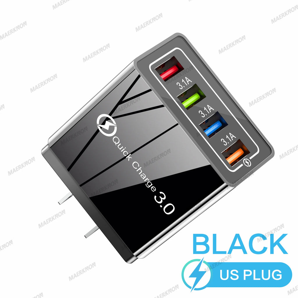4-Port USB Charger Fast Charging Adapter with Quick Charge 3.0 EU US Plug