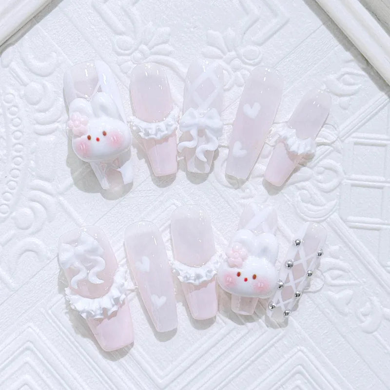 10 Pcs Long Fake Nails with Cute 3D Rabbit French Style White Tips - Handmade Press On Nails