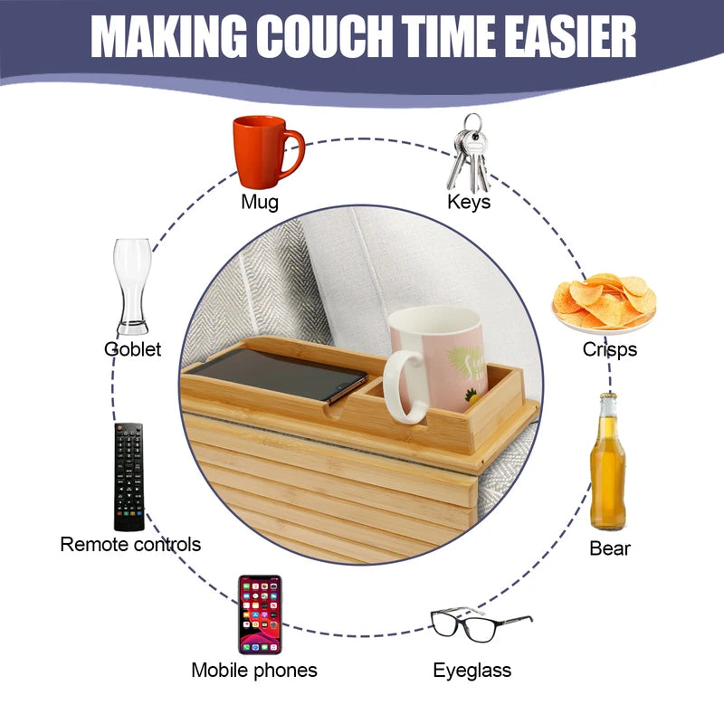 Foldable Bamboo Couch Cup Holder Tray for Sofa Armrest - Non-Slip Sofa Side Storage