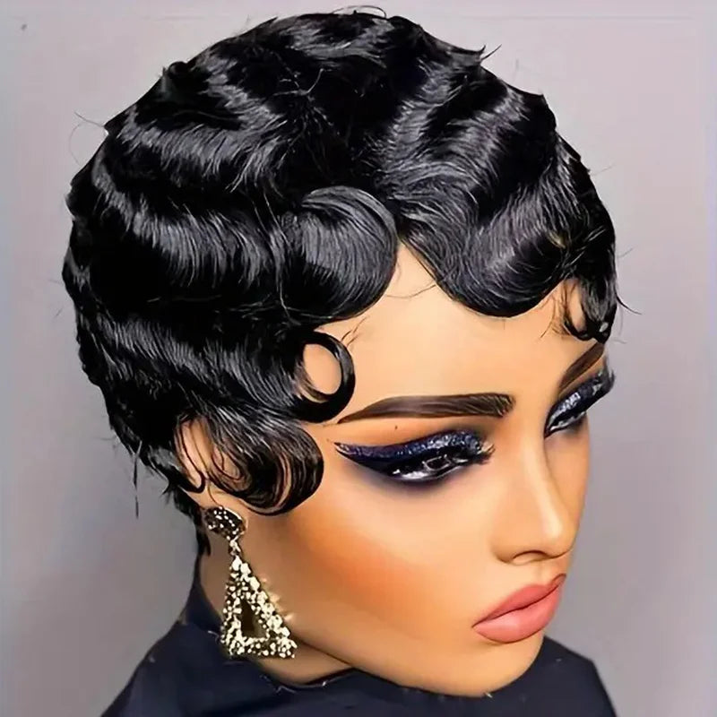Short Human Hair Wig for Women - Brown Ocean Wave Pixie Cut, Natural Color