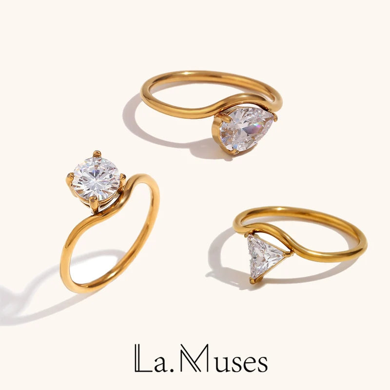 Luxury Water Drop Shaped Cubic Zirconia Women's Ring - 18K Gold Plated Stainless Steel Waterproof Jewelry Gift
