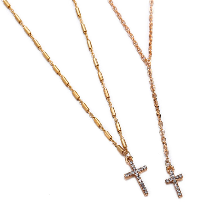 Gold-Plated Crystal Cross Necklace Pendant Double Layered Religious Jewelry