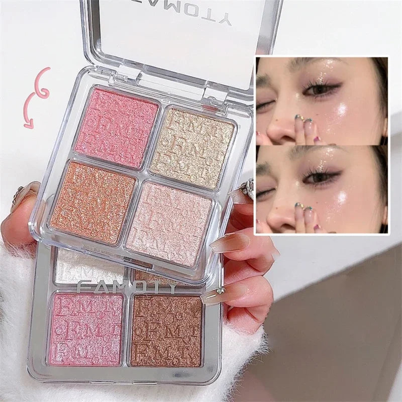 4-Color Face Highlighter Palette with Glitter & Shimmer - Long-Lasting Makeup