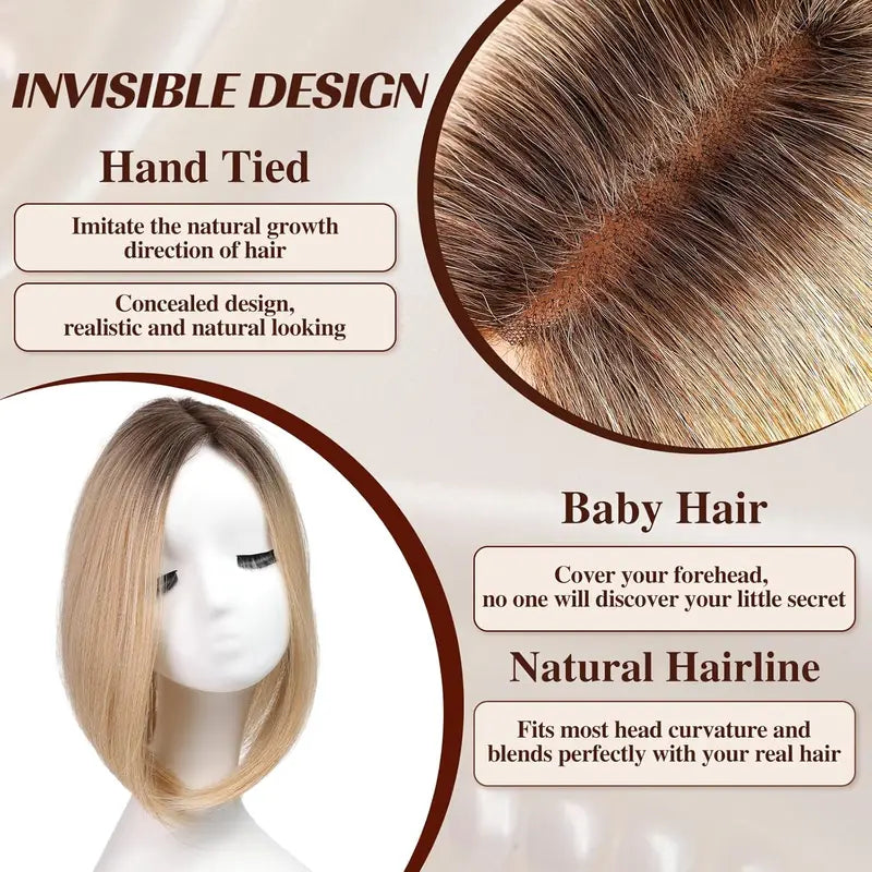 14 Inch Ombre Blonde Layered Hair Topper with Bangs for Women Synthetic Hair with Swiss Base and Clips