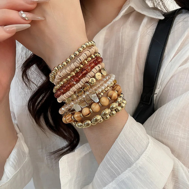 Vintage Glass & Wooden Beaded Bracelets Set - Ethnic Boho Style, Stackable Jewelry for Women Men