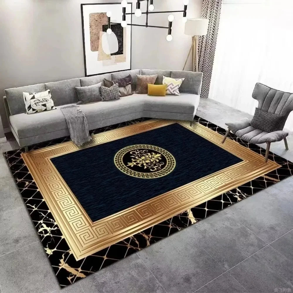 Luxury Golden Black Area Rug - Modern Minimalist Home Decor, Non-Slip Mat for Living Room & Bedroom