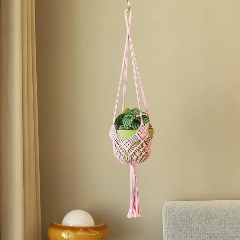 Boho Cotton Rope Plant Hanger with Net Pouch for Indoor Outdoor Gardens