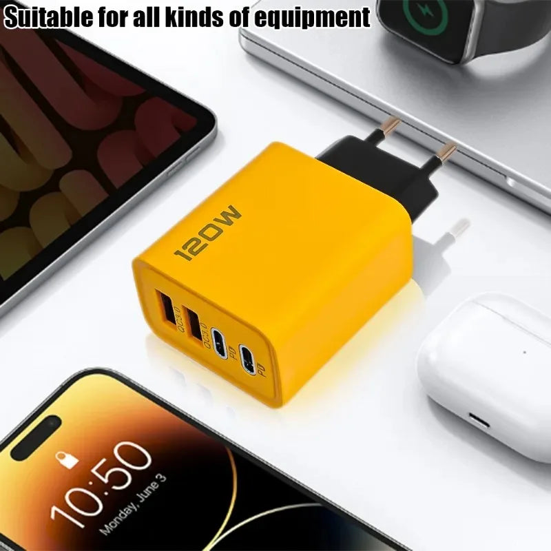 120W Fast Charging Wall Charger with 4 Ports USB-C & QC3.0 for Smartphones