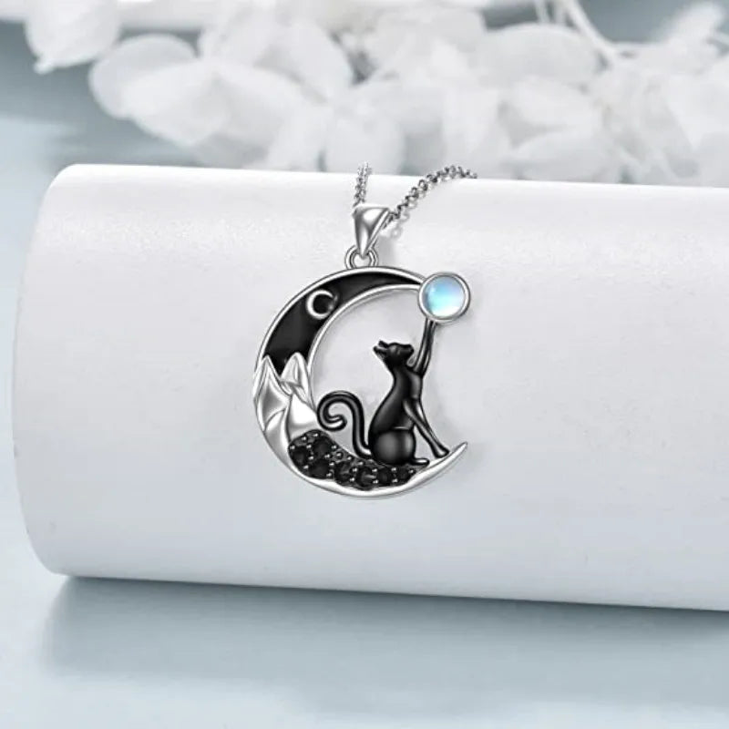 Black Cat Moon Pendant Necklace for Women - Cute Kitten Moonstone Choker Jewelry