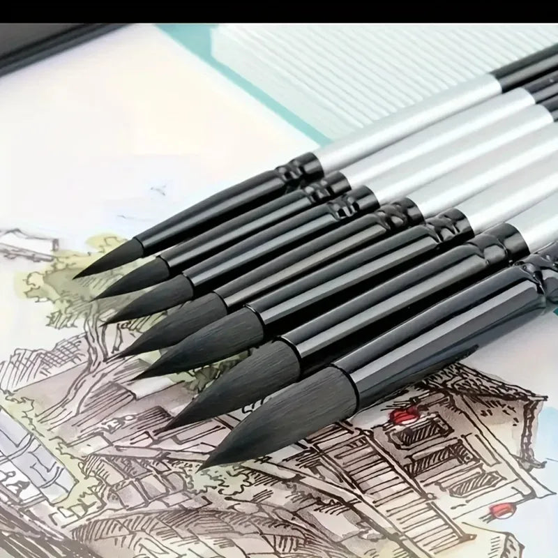 7Pcs Squirrel Hair Watercolor Brush Set - Round Pointed Tips for Artists