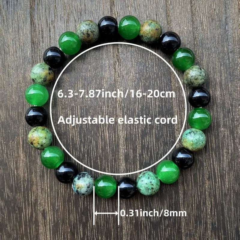 Green Beaded Bracelet 8mm Handmade Elastic Rope Jewelry Gift