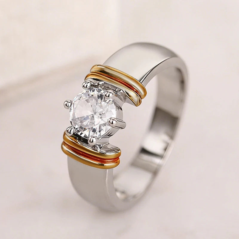 Two-Tone Cubic Zirconia Engagement Ring for Women - Elegant Wedding Jewelry