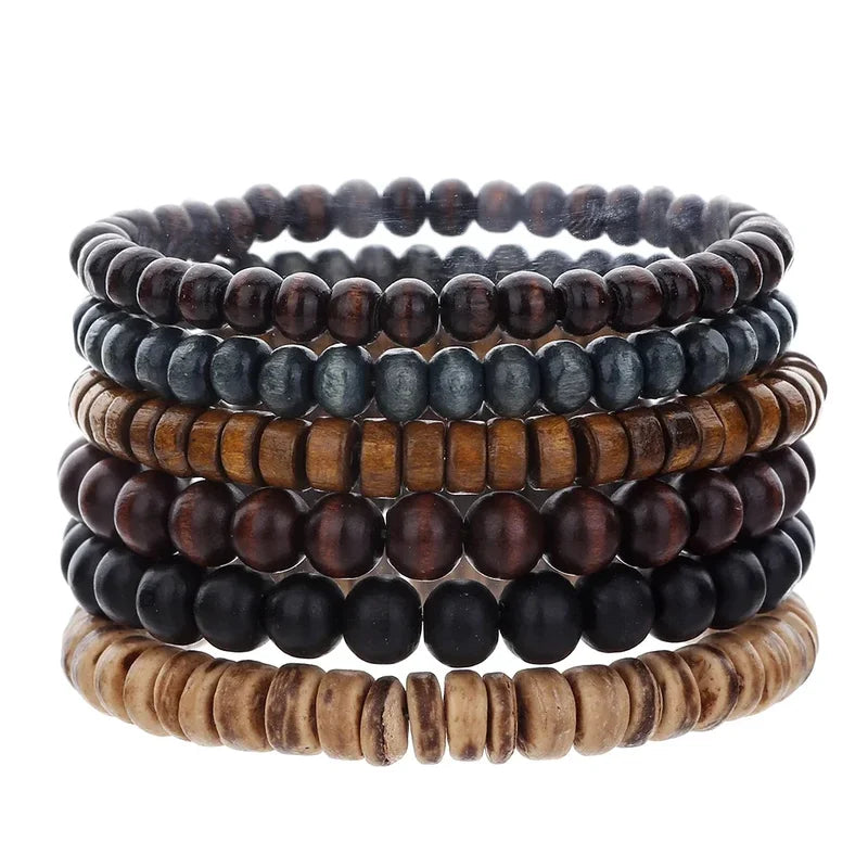 Multi-layer Wooden Bead Bracelet Set for Men - Adjustable Rustic Style Jewelry