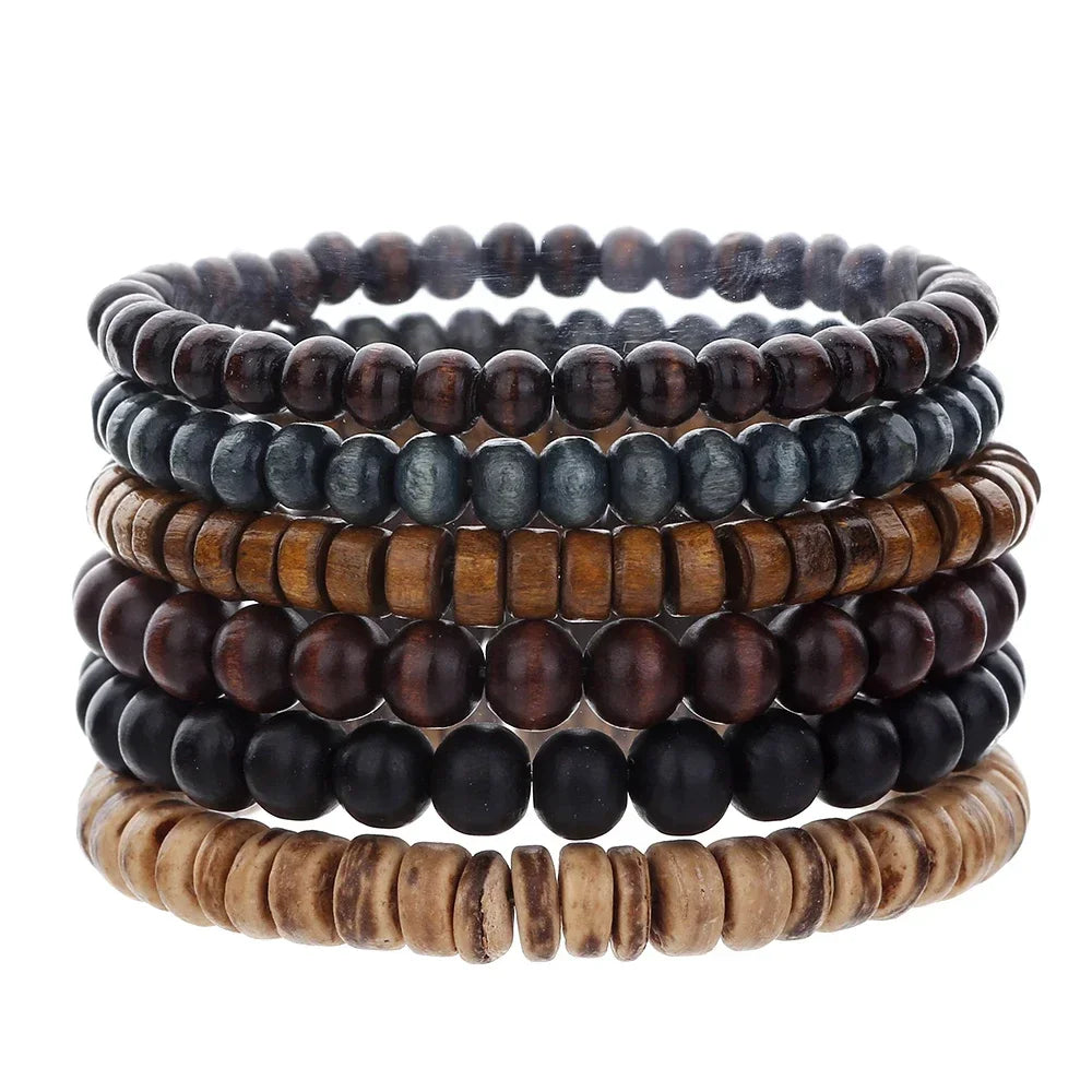 Multi-layer Wooden Bead Bracelet Set for Men - Adjustable Rustic Style Jewelry