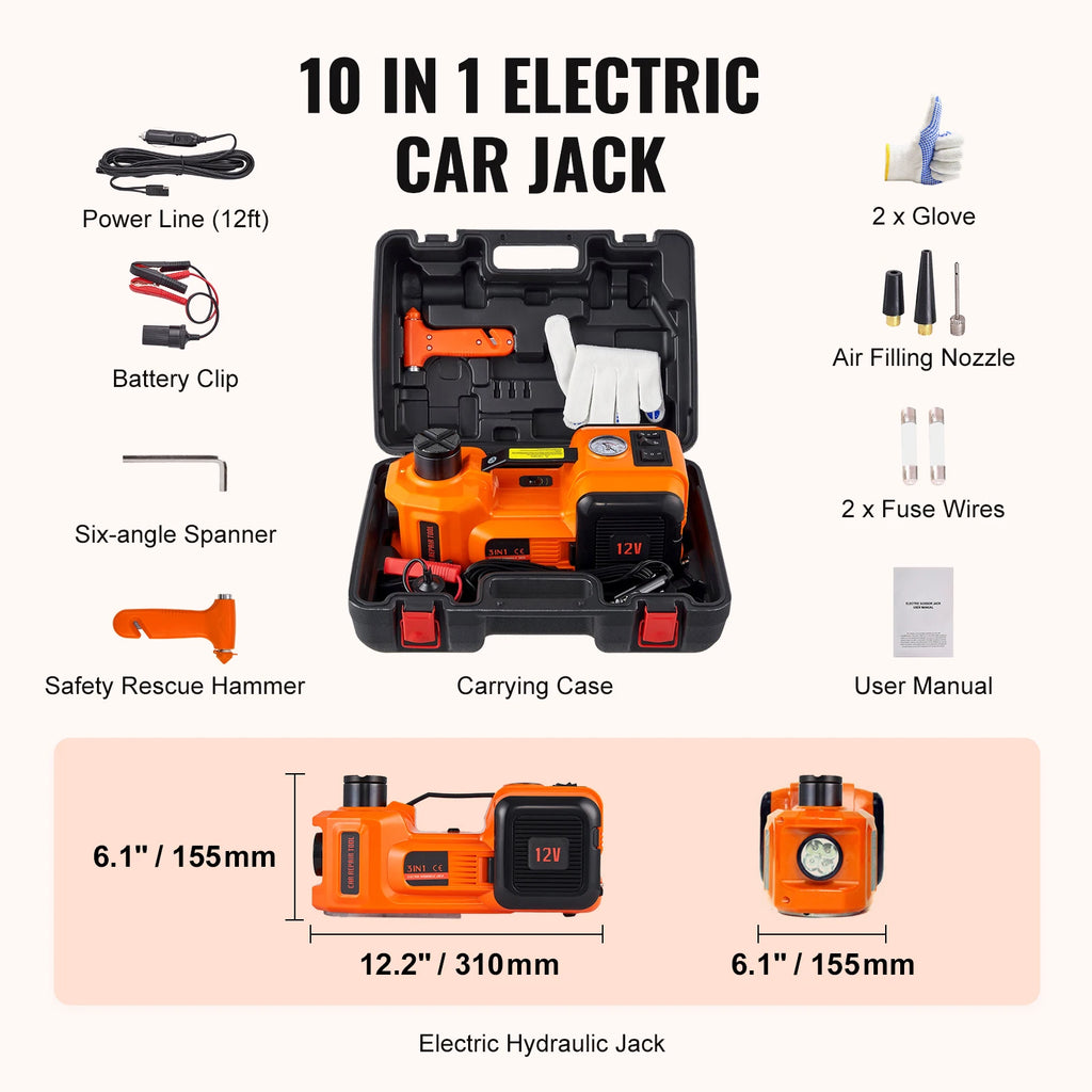 Electric Car Jack 5 Ton Hydraulic & Inflator Kit for Tires, Portable