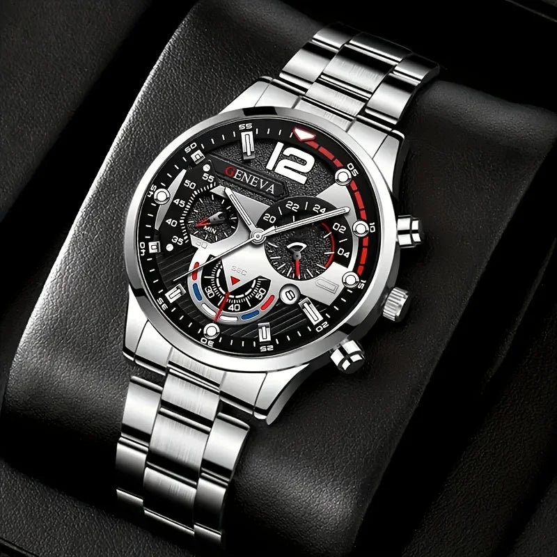 Men's Quartz Watch with Stainless Steel Strap - Round Zinc Alloy Case, Electronic Sports