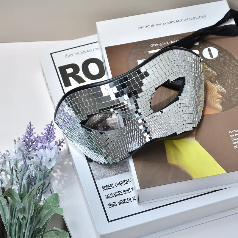Disco Ball Glitter Mirror Face Mask for Festivals & Parties, Reflective Costume Mask
