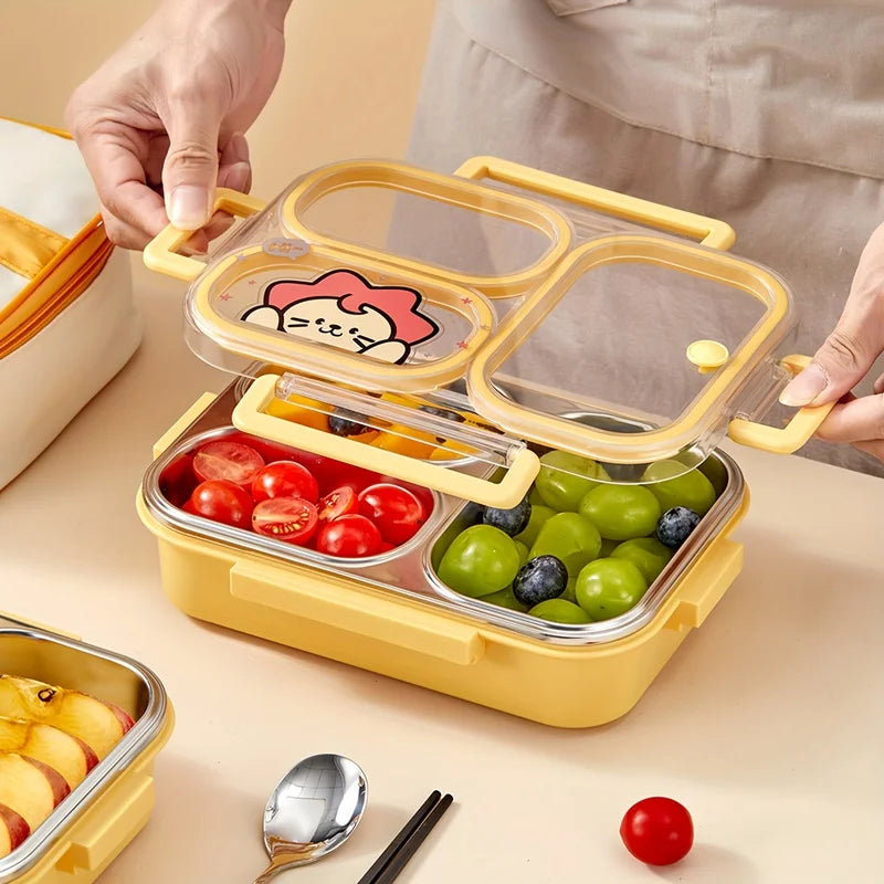 Portable Bento Box with 2/3/4 Grid Sections, Leak-Proof Stainless Steel Lunch Container for Kids