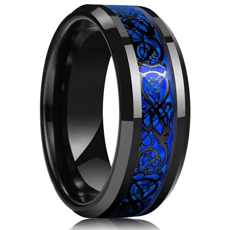 Men Women Celtic Dragon Rings Stainless Steel Inlay Carbon Fiber Jewelry