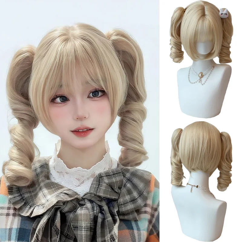 Detachable Double Ponytail Cosplay Wig for Women - Curly Synthetic Hair