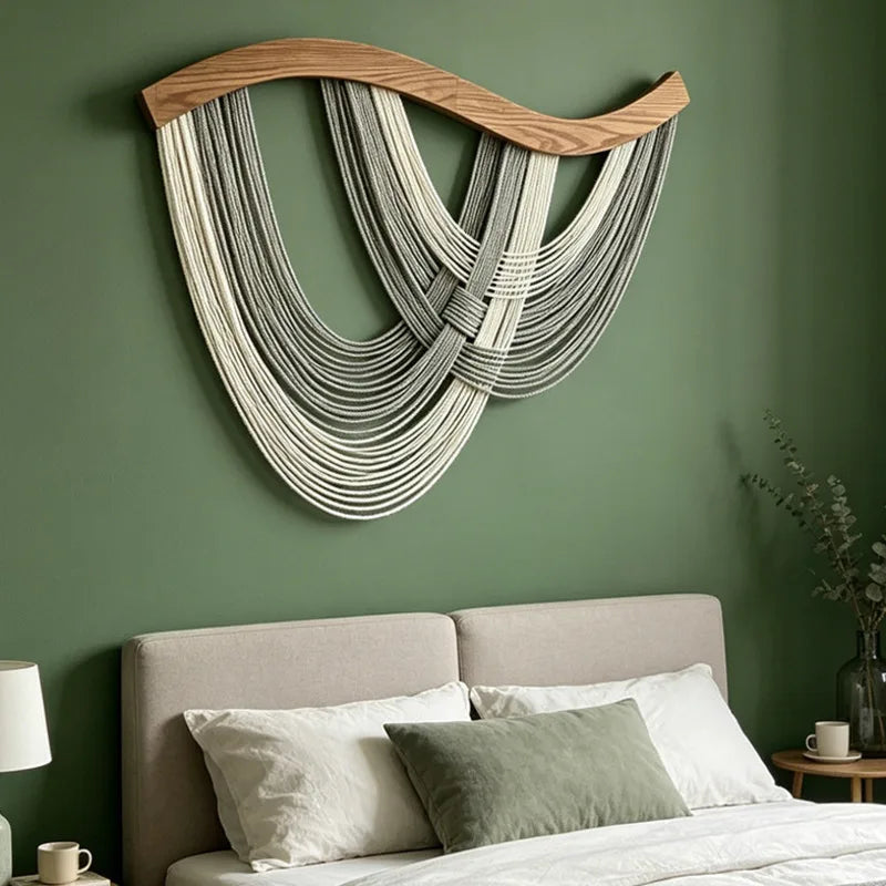 Boho Macrame Wall Hanging Tapestry with Wooden Rod - Nordic Style Home Decor