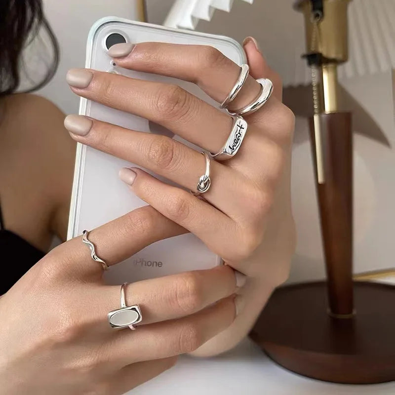Sterling Silver Geometric Double Line Ring for Women - Adjustable Bohemian Vintage Jewelry