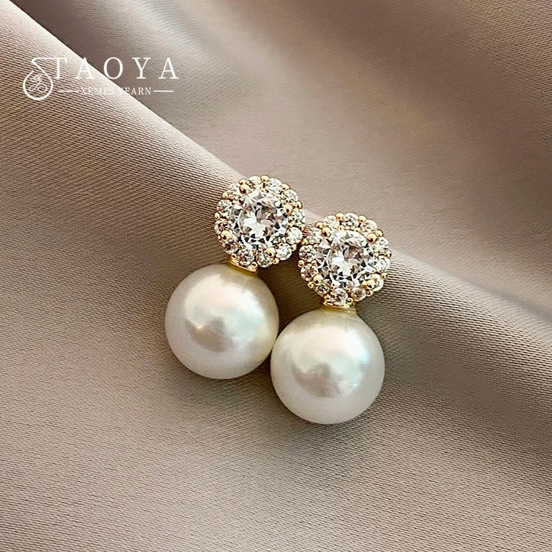 Girl's Romantic Pearl & Zircon Round Earrings - Fashion Jewelry for Women