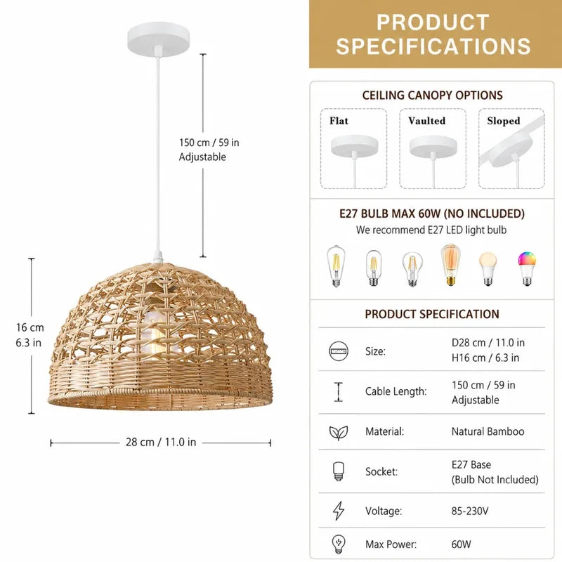 Boho Rattan Pendant Light - Hand Woven Bamboo Ceiling Lamp for Kitchen & Bedroom