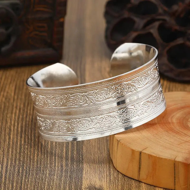 Bohemian Ethnic Wide Silver Bracelet for Women Carved Flower Fashion Jewelry