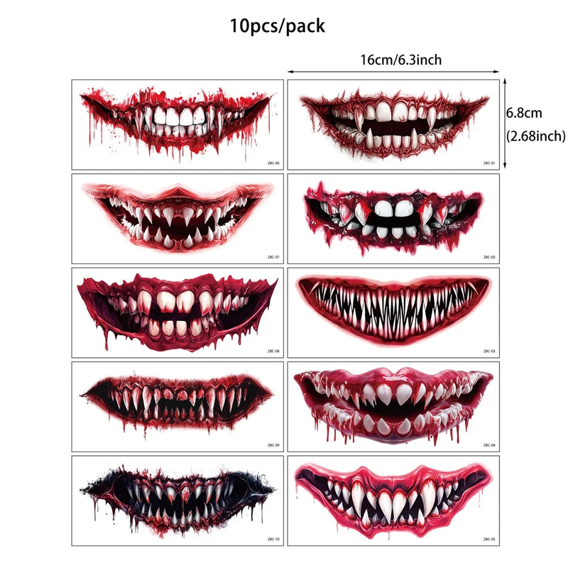 Waterproof Face Tattoo Stickers 10pcs Halloween Temporary Fake Face Makeup