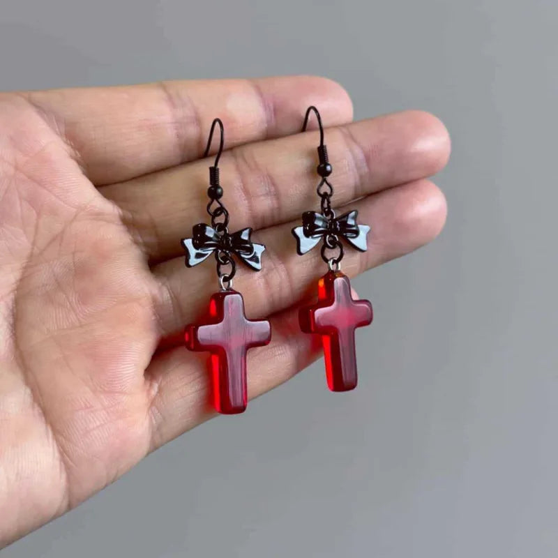 Gothic Vampire Bat Cross Earrings for Men Women Halloween Jewelry - Deep Red Glass Crystals