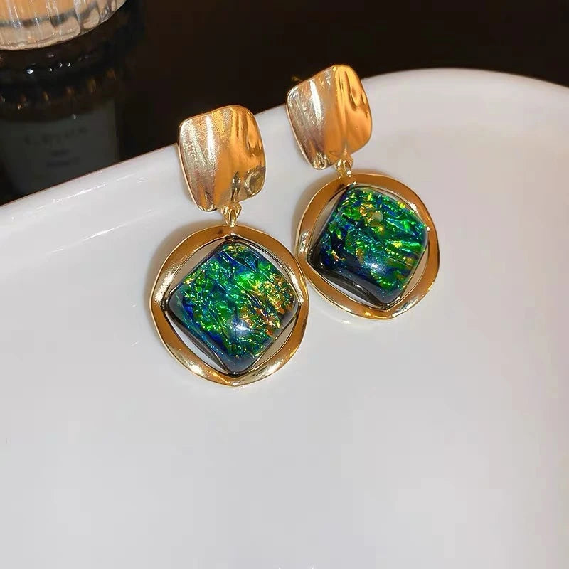 Gradient Green Square Pendant Earrings Geometric Dangle Jewelry for Women